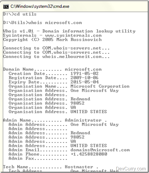 WHOIS Information using Windows Command Line
